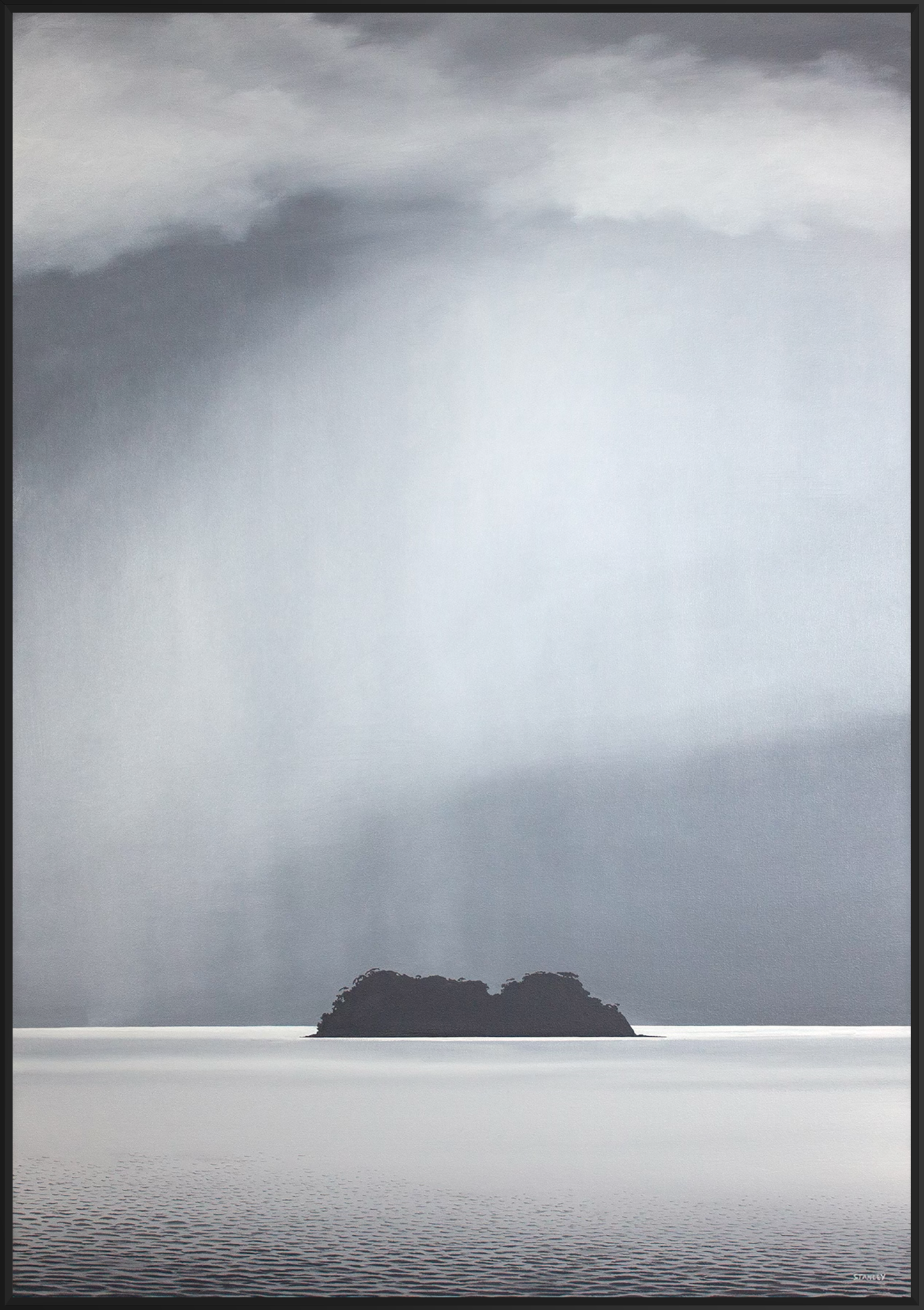 Light rain falling on Swan Island, Bathurst Habour. Tasmania
